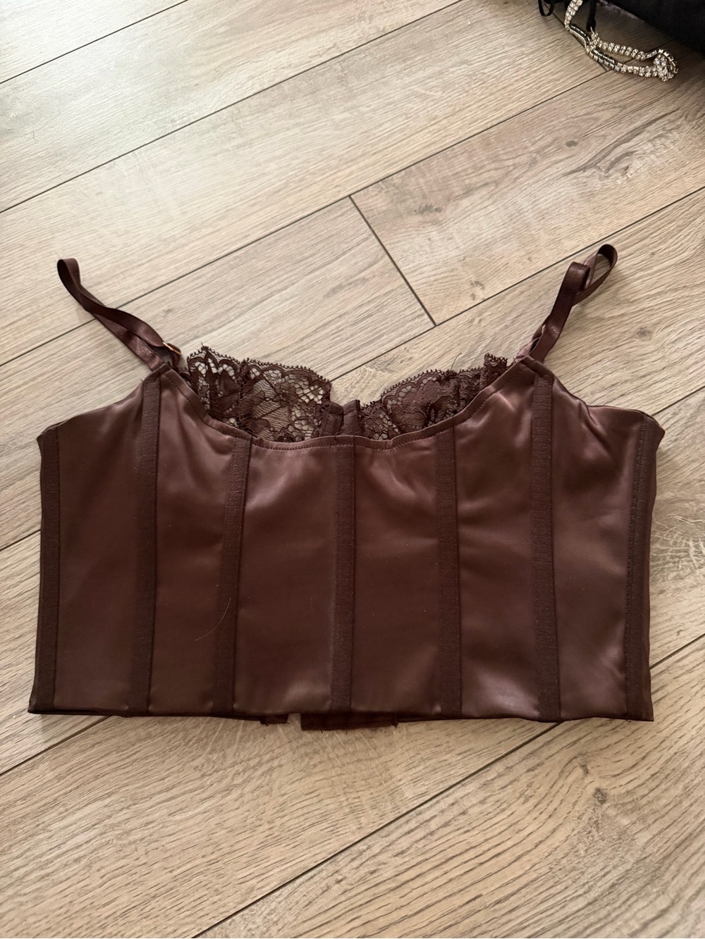 Brown Satin Lace Trim Bustier Crop Top